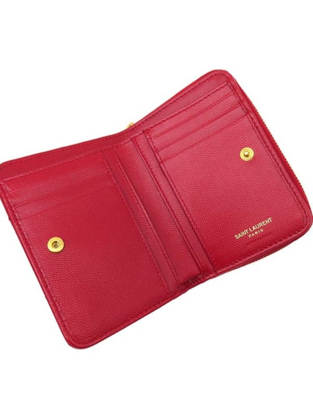 Saint Laurent Bifold Wallet Cassandra Stitch Compact Zip Leather Red Gold - Picture 7 of 13